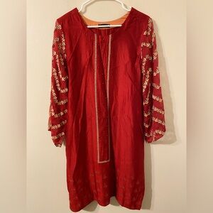 Dhanak Pakistan Women's Red Gold Embroidered‎ Kurta Kurti Tunic Size Medium